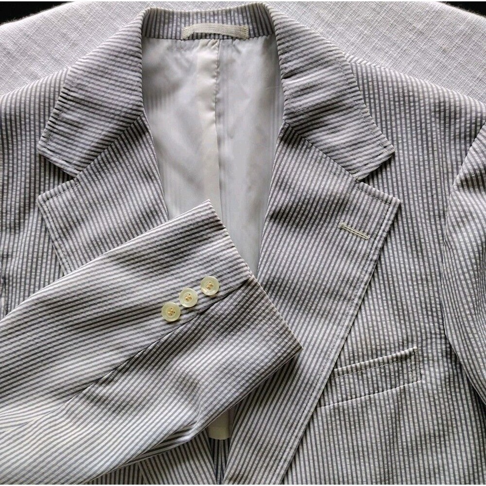 HASPEL Mens 40 Seersucker Hamptons Summer Blazer Striped Jacket Sport Coastal